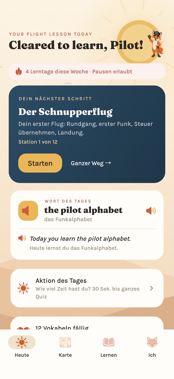 Die Startseite der App mit der Tagesaufgabe