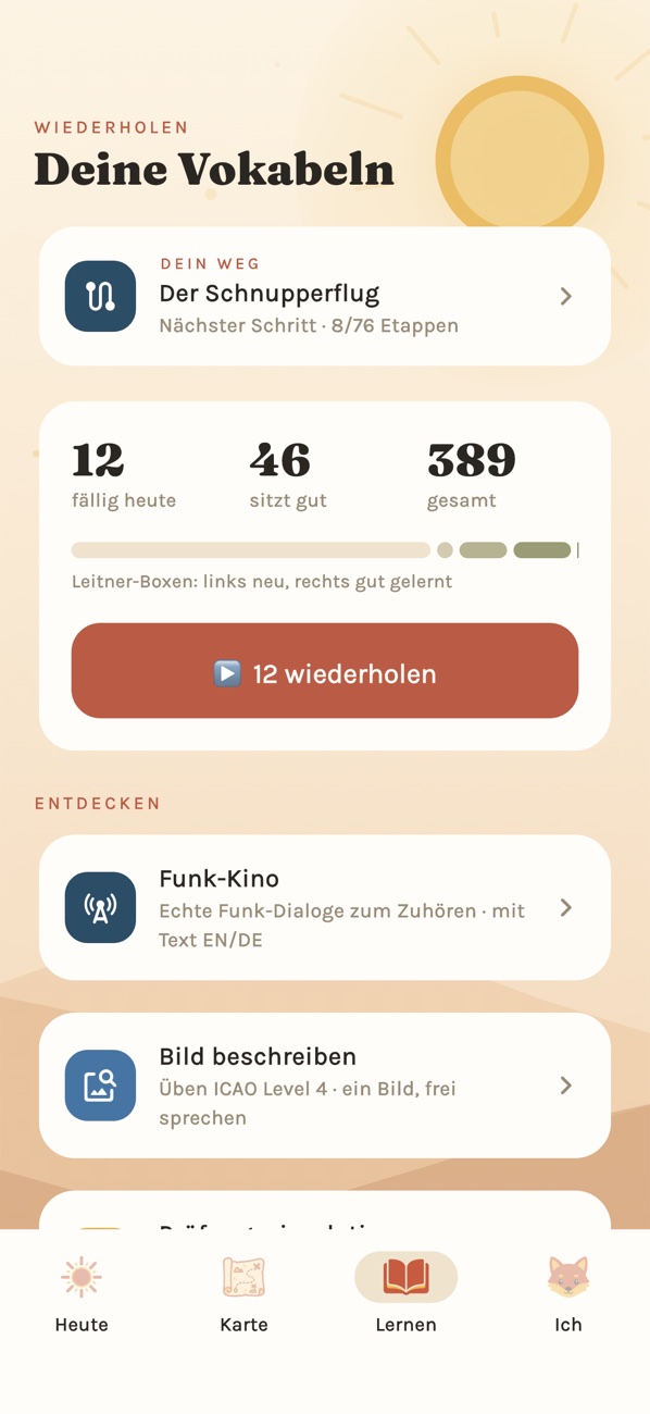 Lernbereich mit Vokabelstand und Trainern